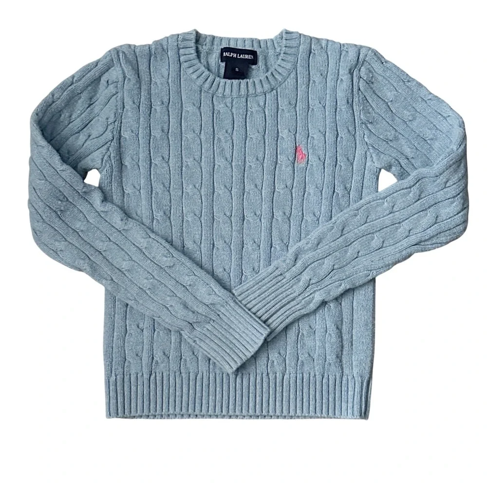 Vintage Ralph Lauren Cotton Long Sleeve Cable Knit Blue Sweater Kids Size Small